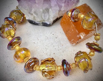 Handmade Golden Lampwork Glass Bead, Artisan Jewelry Supply