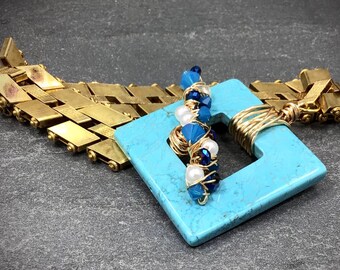 Antique Jakob Bengel chain bracelet, turquoise gem toggle, wire wrapped Swarovski crystals and pearls, her unique artisan OOAK handmade gift
