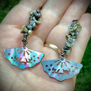 Handmade soldered gemstone long Boho dangle earrings, carved pearl fans, glass flowers, wabi sabi, unique OOAK artisan made gift for her