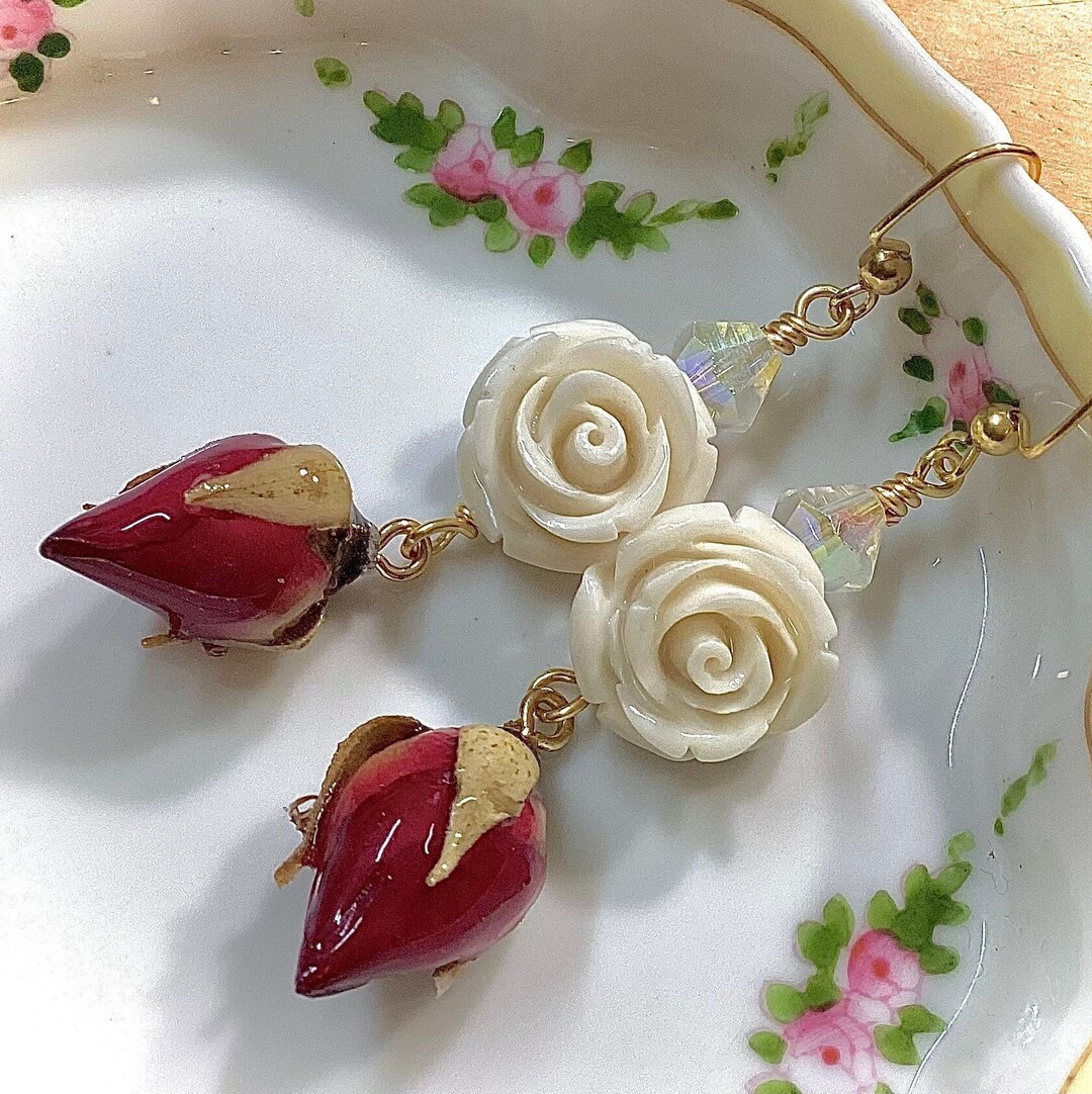 Red Rose Bud Earrings, Genuine Flowers, Carved Stone, Crystals, OOAK Artisan Romantic Gift for