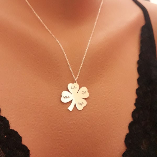 Klavertje vier met gepersonaliseerde namen ketting • Cadeau voor Moederdag • Aangepaste familieketting • BSN123