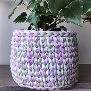 Peut inclure: Un panier rond fait à la main, crocheté en lavande et vert pâle. Le panier contient une plante verte à feuilles panachées. Le fil épais et texturé crée un récipient robuste. Idéal pour la décoration intérieure.