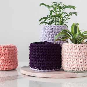 Peut inclure: Quatre cache-pots en crochet faits à la main, dans des tons de rose, de violet et de lavande. Les pots sont cylindriques et présentent un aspect tricoté épais et texturé. Chaque pot contient une plante d'intérieur différente.