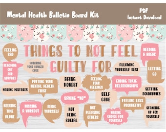 Puede incluir: Un kit de tablero de anuncios imprimible con burbujas de diálogo rosas y marrones que dicen "Cosas por las que no debes sentirte culpable". Las burbujas de diálogo contienen frases como "Sentirse triste", "Buscar apoyo", "Cometer errores", "Honrar tus señales de hambre", "Poner tu salud mental en primer lugar", "Ser honesto", "Decir "no"", "No ser social", "Sentir tus emociones", "Cuidarte", "No complacer a los demás", "Tomar una decisión por ti mismo", "Permitirte descansar", "Terminar relaciones tóxicas", "Sentirte menos productivo", "Necesitar un descanso", "Dejar ir", "Establecer límites", "Necesitar tiempo a solas", "Perderte un entrenamiento", "Ser tú mismo", y "Defenderte".