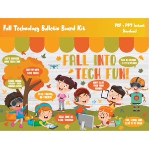 Op de afbeelding: Een herfsttechnologie prikbordset met de tekst "Fall Technology Bulletin Board Kit", "PDF + PPT Instant Download" en "FALL INTO TECH FUN!". De afbeelding bevat kinderen die verschillende technologieën gebruiken, een boom en bladeren.