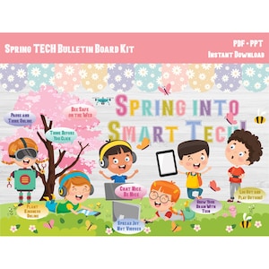 Puede incluir: Ilustración colorida para un kit de tablero de anuncios Spring Tech. El diseño presenta a niños interactuando con la tecnología, rodeados de flores y mariposas. El texto incluye "Spring Into Smart Tech" y "Descarga instantánea".