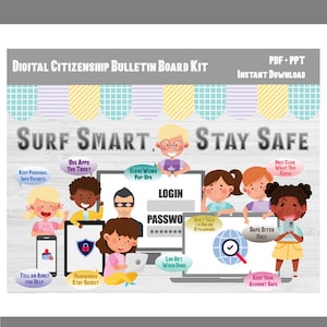 May include: A digital bulletin board kit titled Digital Citizenship Bulletin Board Kit with the text Surf Smart, Stay Safe. It features cartoon characters using computers and tablets with speech bubbles containing safety tips like Passwords Stay Secret.
