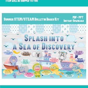 May include: A digital download bulletin board kit with a sea exploration theme. The design features cartoon animals on boats, with text like "Splash into a Sea of Discovery" and "Explore the Wonders of the Water."