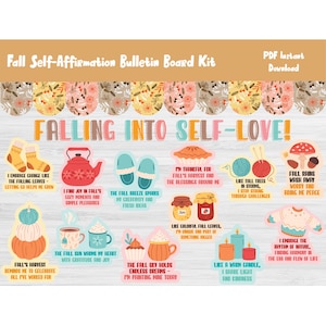 Puede incluir: Un kit de tablón de anuncios con temática otoñal con el texto "Falling Into Self-Love!" e ilustraciones variadas, incluyendo calcetines, una tetera, zapatillas, una tarta, hilo, una seta, calabazas, tazas, velas y un suéter. El kit es una descarga instantánea en PDF.