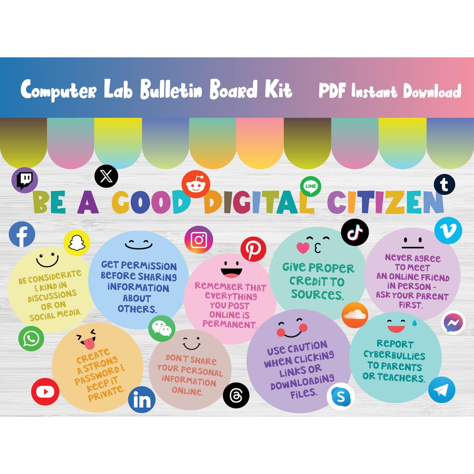 Digital Citizenship Bulletin Board Kit/online/internet Safety/computer ...