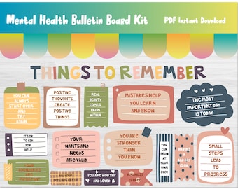 Puede incluir: Un kit de tablero de anuncios imprimible colorido con el título "Cosas que recordar" y afirmaciones positivas para la salud mental. El kit incluye frases como "Siempre puedes empezar de nuevo", "La verdadera belleza viene de adentro", "Los errores te ayudan a aprender y crecer", y "El día más importante es hoy".