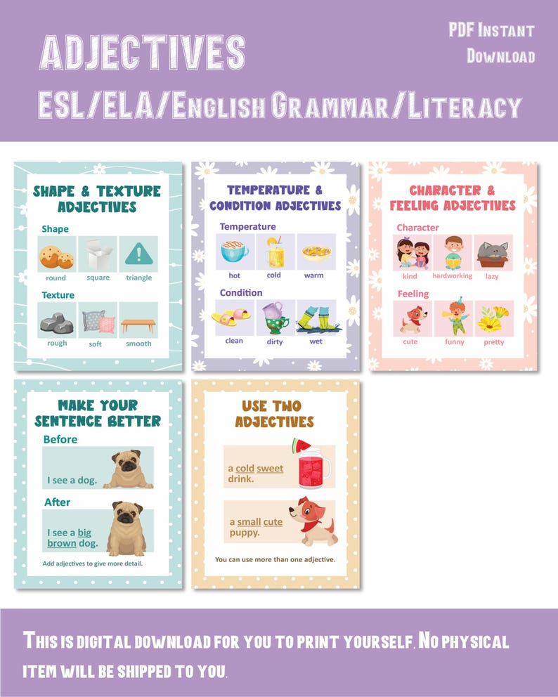 Round Adjective Texture Example 10 Adjectives Posters/esl Bulletin Board Kit/ela English Classroom ...