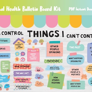 Op de afbeelding: Een kleurrijke mental health bulletin board kit met de tekst "Can Control" en "Things I Can't Control". Bevat diverse ge&iuml;llustreerde labels met zinnen als "My Attitude", "Other People's Opinions" en "The Past".