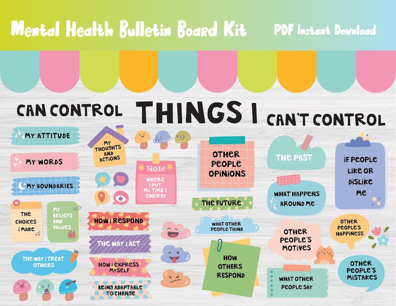 Op de afbeelding: Een kleurrijke mental health bulletin board kit met de tekst "Can Control" en "Things I Can't Control". Bevat diverse ge&iuml;llustreerde labels met zinnen als "My Attitude", "Other People's Opinions" en "The Past".