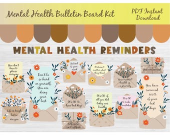May include: A printable bulletin board kit with 10 mental health reminders. Each reminder is a brown envelope with a floral design and a positive message inside. The messages include "You don't have to please everyone", "Don't be so hard on yourself", "Be kind to your mind", "It doesn't matter what they think", "You mental health is a priority", "It's OK to have bad days", "It's OK if all you did today was breathe", "It's OK to make mistakes", "You are enough", and "You have survived 100% of your bad days".