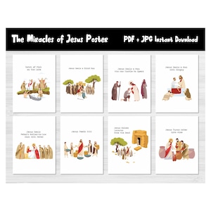 Poster dei 10 miracoli di Gesù/Kit bacheca cristiana/Storia della Bibbia/Nuovo Antico Testamento/Stampabile per l'aula/Arredamento della scuola domenicale/Chiesa/105