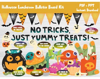 May include: A Halloween-themed bulletin board kit with the text "Halloween Lunchroom Bulletin Board Kit" and "No Tricks, Just Yummy Treats!" The design includes ghosts, bats, and various food illustrations.