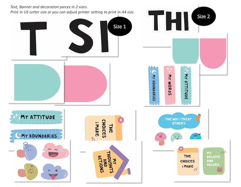 Op de afbeelding: Een verzameling kleurrijke, bedrukbare banner- en decoratiestukken. Bevat de woorden "T", "SI" en "THI", evenals decoratieve elementen en zinnen als "My Attitude" en "The Choices I Make".