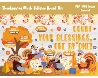 Könnte beinhalten: Thanksgiving Mathe-Wandtafel-Kit mit Truthähnen, Kürbissen und Herbstblättern. Der Text lautet "Zählt eure Segnungen, eins nach dem anderen!" mit mathematischen Phrasen. Als PDF und PPT zum Download verfügbar.