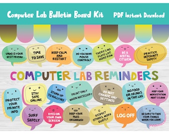 Kit de tablón de anuncios con reglas de laboratorio para sala de informática/Decoración para aula de informática/Imprimible tecnológico/Imprimible para escuela primaria/373