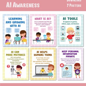 Könnte beinhalten: Ein digitaler Download von sieben Lehrplakaten zum Thema KI-Alphabetisierung und -Sensibilisierung. Die Poster zeigen farbenfrohe Illustrationen und Texte, darunter "Lernen und Wachsen mit KI" und "Persönliche Informationen privat halten."