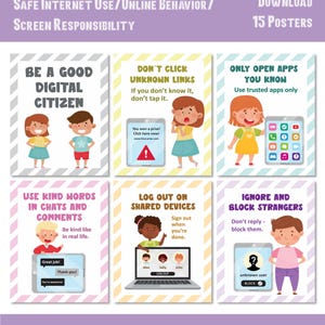May include: A digital download of 15 posters about digital citizenship, internet safety, and online behavior. Each poster features colorful illustrations and text with advice like "Be a good digital citizen" and "Don't click unknown links."