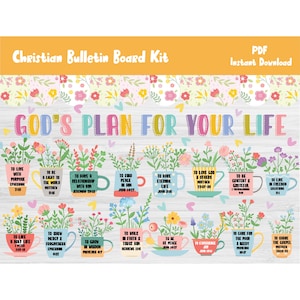 May include: A Christian Bulletin Board Kit featuring the phrase "GOD'S PLAN FOR YOUR LIFE" in vibrant colours. The design incorporates floral motifs and inspirational quotes within teacups, ideal for home or classroom decoration.