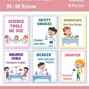 Può includere: Un set di dodici poster educativi intitolati Science Tools, con illustrazioni a cartoni animati di bambini che utilizzano attrezzature da laboratorio come microscopi, bilance, becher e contagocce con testo descrittivo per ogni strumento.