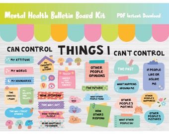 Puede incluir: Un colorido kit de tablero de anuncios de salud mental con el texto "Can Control" y "Things I Can't Control". Incluye varios elementos ilustrados como nubes, setas y bocadillos con frases como "My Attitude" y "Other People's Opinions".