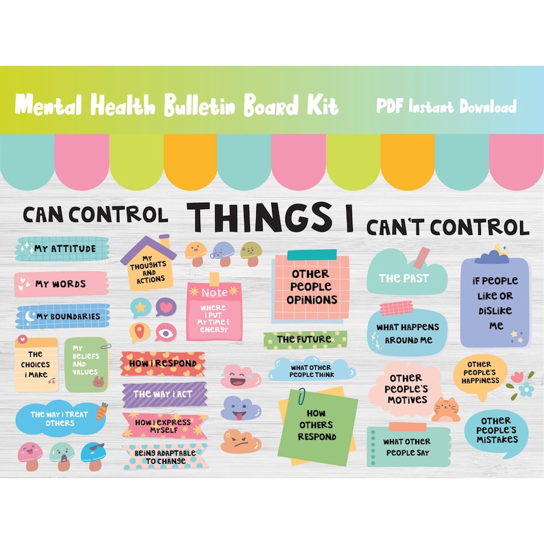 Op de afbeelding: Een kleurrijke mental health bulletin board kit met de tekst "Can Control" en "Things I Can't Control". Bevat verschillende ge&iuml;llustreerde elementen zoals wolken, paddenstoelen en tekstballonnen met zinnen als "My Attitude" en "Other People's Opinions".