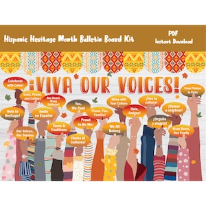 Könnte beinhalten: Ein Hispanic Heritage Month Bulletin Board Kit mit dem Text "VIVA OUR VOICES!" und verschiedenen Sätzen in Sprechblasen. Das Design zeigt bunte Hände, die zur Feier erhoben werden, mit einem dekorativen Rand.