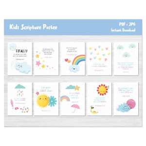 Pode incluir: Um conjunto de nove cartazes imprimíveis com ilustrações coloridas e versículos bíblicos para crianças. Os cartazes incluem imagens de um arco-íris, nuvens, um sol, uma flor e um guarda-chuva. Os versículos estão impressos em texto preto sobre um fundo branco.