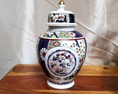 Imari Empress Blue and Red Flowers Gold Inlay Japanese Ginger Jar Urn Vase w Lid