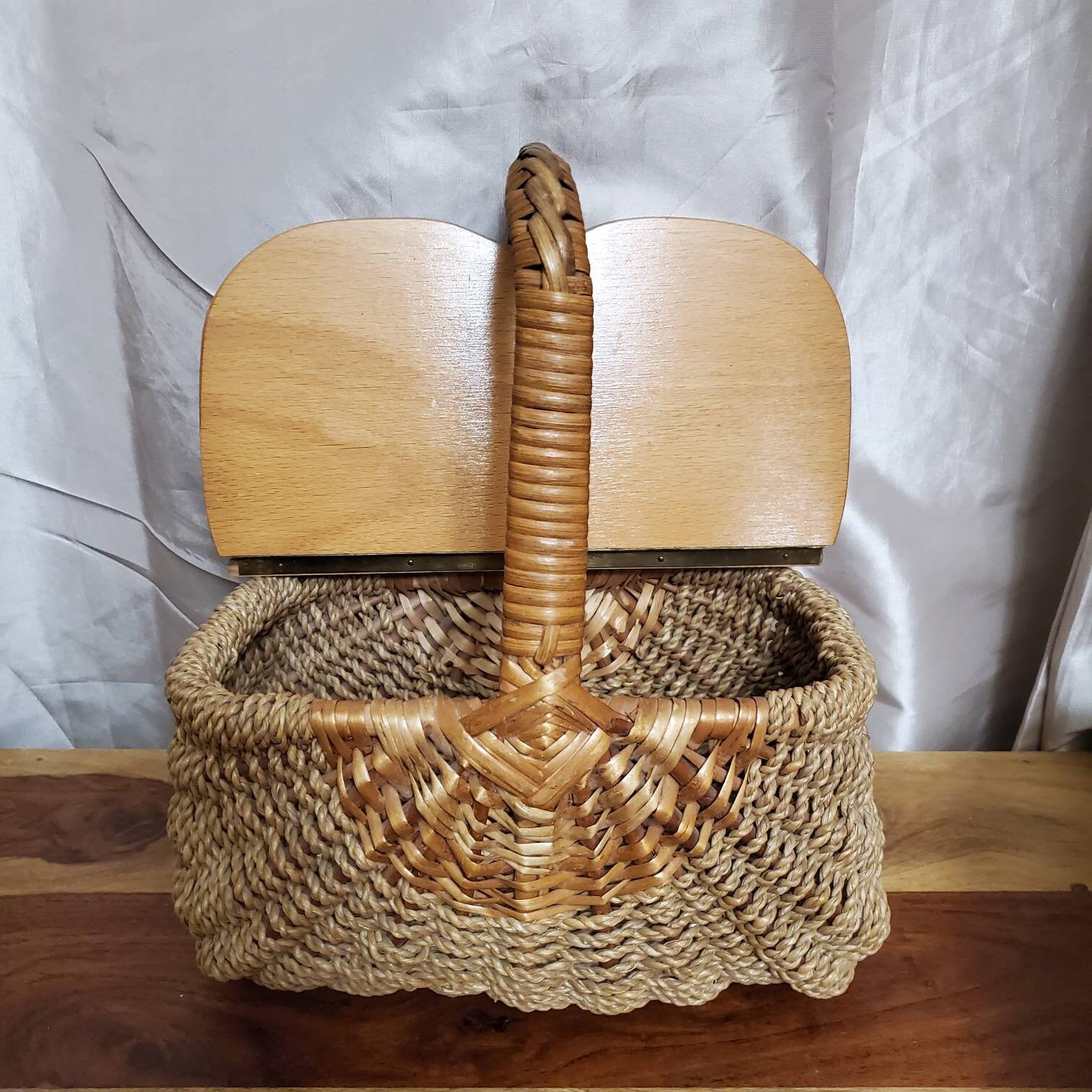 Vintage Wooden Woven Basket With Hinged Opening Lid Etsy