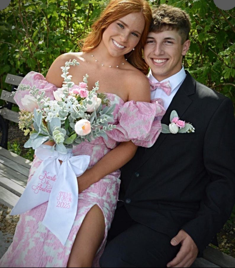 Monogrammed Bouquet Sash: Silk Ribbon Prom Homecoming Wedding Embroidered Bow image 6