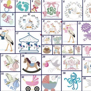 May include: A collection of thirty-nine embroidered designs featuring baby-themed motifs including storks, rattles, rocking horses, baby carriages, pacifiers, and monograms. Each numbered square displays a distinct stitched illustration in various colors.