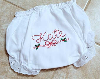 Monogrammed Christmas Bloomer: White Eyelet Diaper Cover