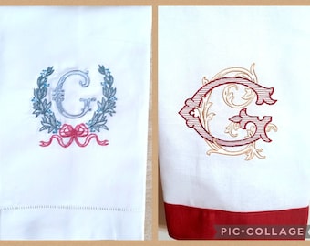 Monogrammed Linen Tea Towels: Christmas Hemstitch Embroidered Gift Set Holiday Kitchen Towels