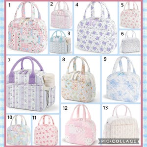 May include: A collection of thirteen quilted lunch bags featuring various floral, plaid, and patchwork patterns in pastel colors. Each bag includes two top handles, a zippered main compartment, and a side pocket for a bottle, displayed in a grid.