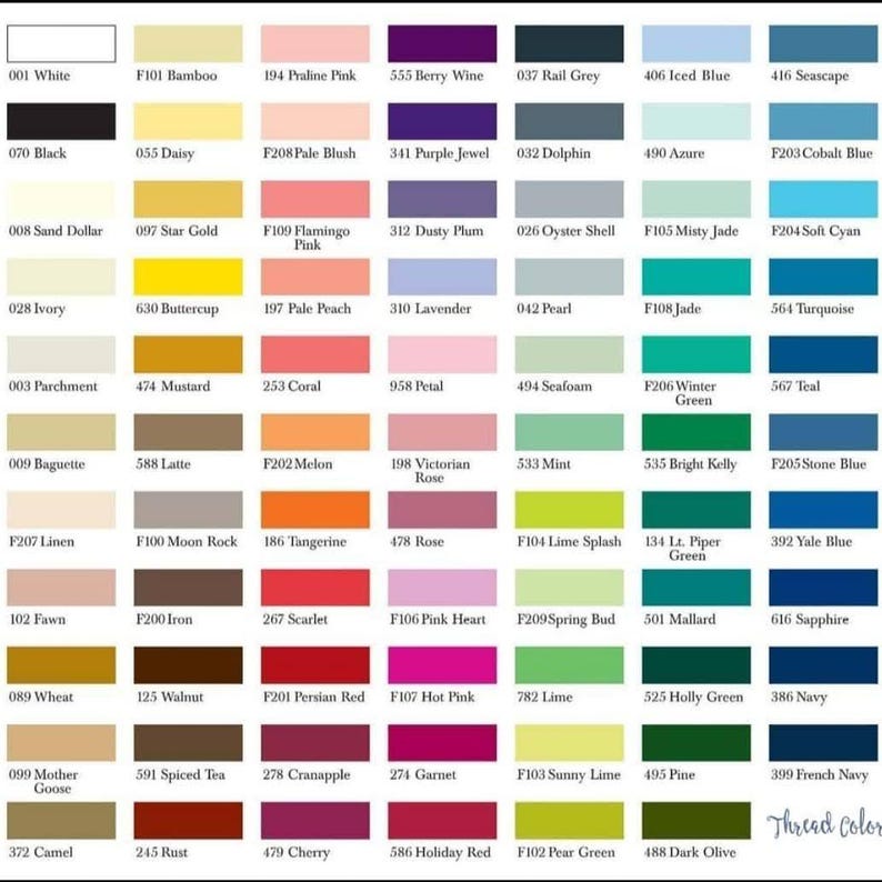 May include: A color chart featuring a wide array of thread colors, each identified by a number and name. The chart displays various shades, including white, black, pink, purple, blue, green, and yellow, ideal for sewing and crafting projects.