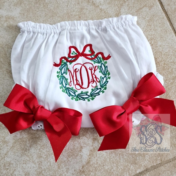 Monogrammed Christmas Eyelet Baby Bloomers: Bow Diaper Cover Wreath Embroidery Design
