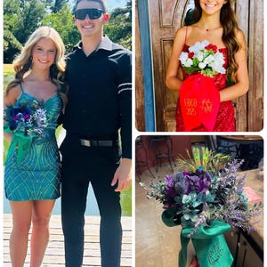 May include: A collage of images featuring two people in formal attire, each holding a bouquet. One woman wears a teal sequined dress, the other a red sequined dress. One bouquet has a green ribbon with initials.