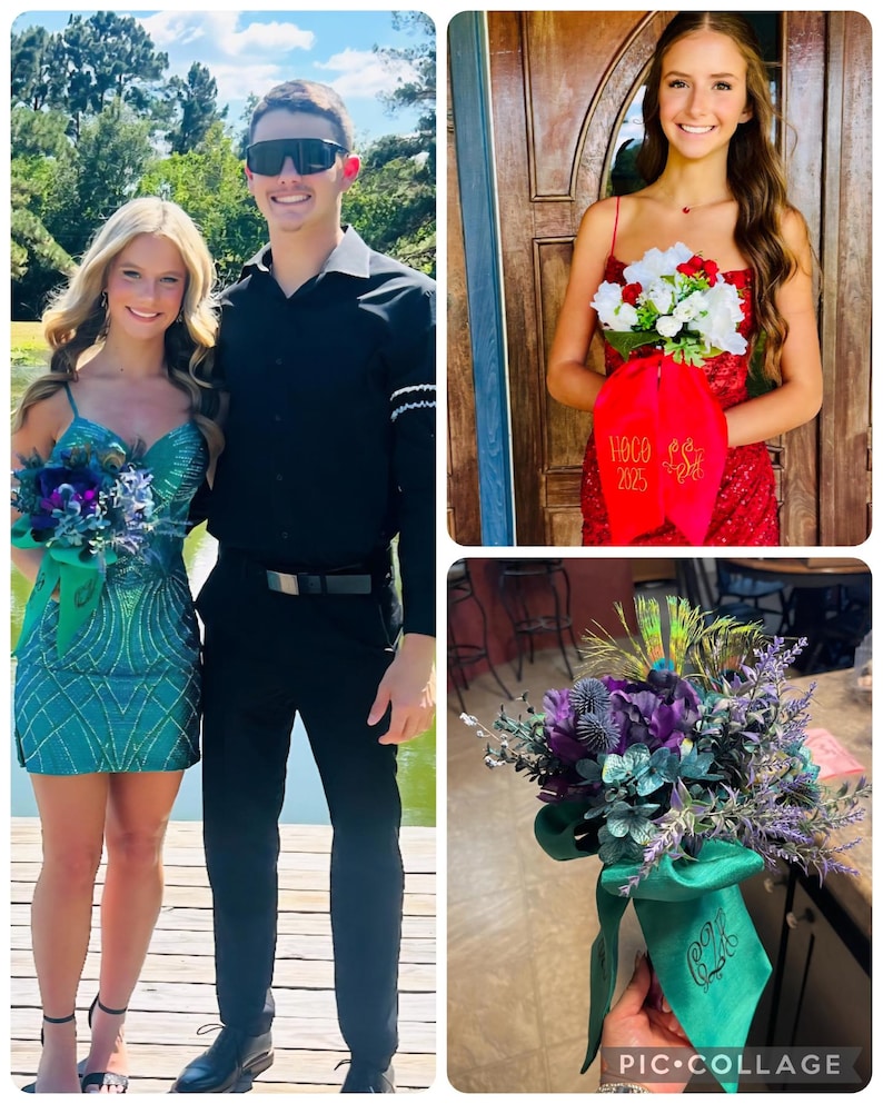 May include: A collage of images featuring two people in formal attire, each holding a bouquet. One woman wears a teal sequined dress, the other a red sequined dress. One bouquet has a green ribbon with initials.