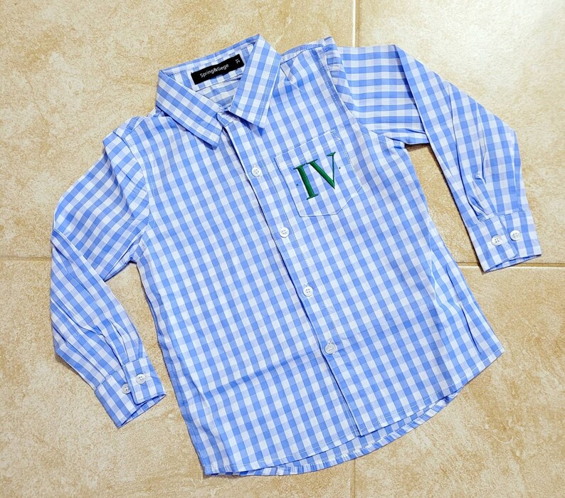 May include: A blue and white gingham button-down shirt with a pocket on the left side. The pocket has the Roman numeral "IV" embroidered on it in green thread.