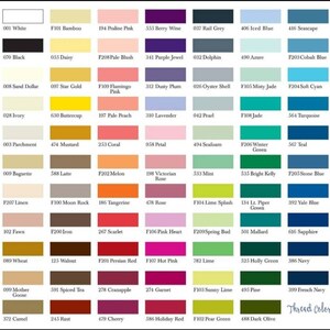 May include: A color chart displaying a wide array of thread colors, each with a unique name and number. The chart features a spectrum of hues, from white and black to vibrant shades of pink, green, and blue, ideal for crafting and sewing projects.