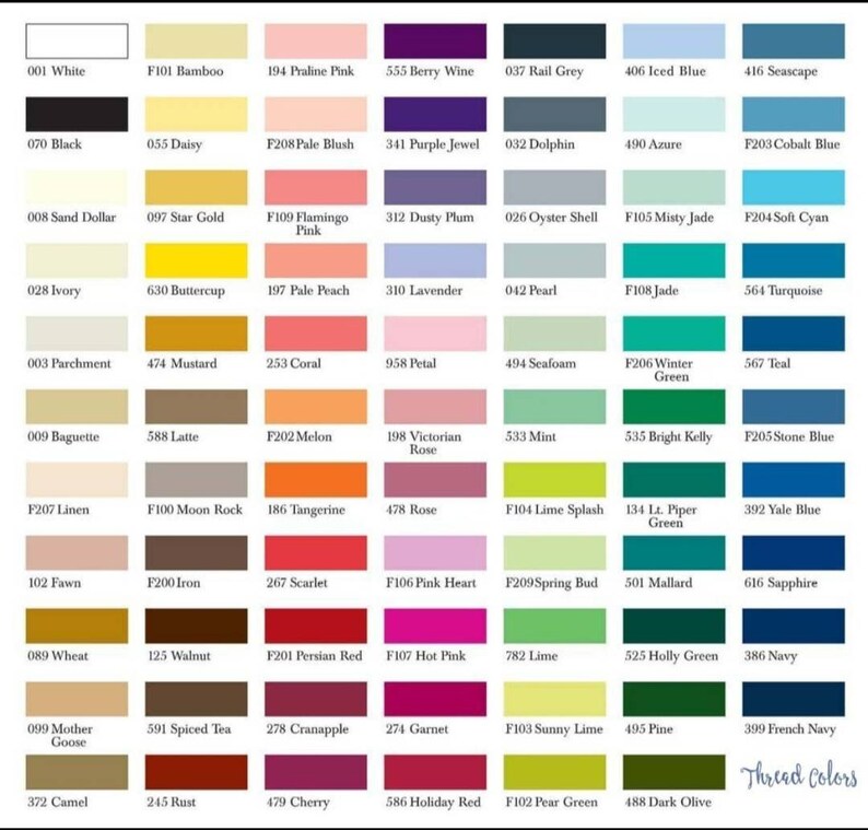 May include: A color chart displaying a wide array of thread colors, each with a unique name and number. The chart features a spectrum of hues, from white and black to vibrant shades of pink, green, and blue, ideal for crafting and sewing projects.