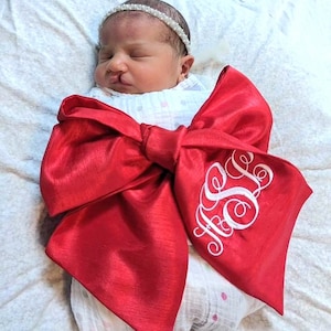 Monogrammed Bow Sash Newborn Swaddle Pregnancy Sash Silk Embroidered Sash Wreath Sash Bow Wrap Maternity Sash Bow Sash Holiday Baby Bow Sash
