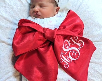 Monogrammed Bow Sash Newborn Swaddle Pregnancy Sash Silk Embroidered Sash Wreath Sash Bow Wrap Maternity Sash Bow Sash Holiday Baby Bow Sash