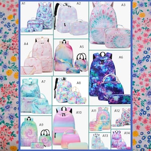 May include: A collection of backpacks, lunch bags, and pencil cases in various designs. The sets feature colorful patterns, including tie-dye, marble, and galaxy prints. Each set includes a backpack, a lunch bag, and a pencil case.
