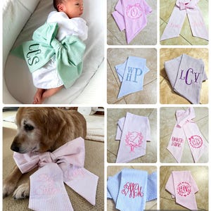 Monogrammed Baby Sash: Embroidered Seersucker Bow, Newborn Photo Prop Swaddle Ribbon Gift Accessory bild 2